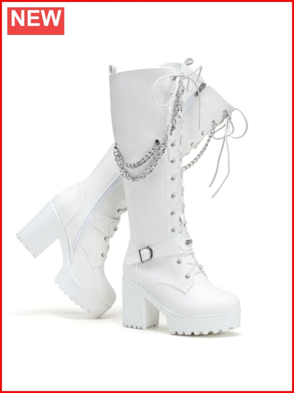 Womens Knee High Platform Boots Lace Up Side Zip Synthetic Leather